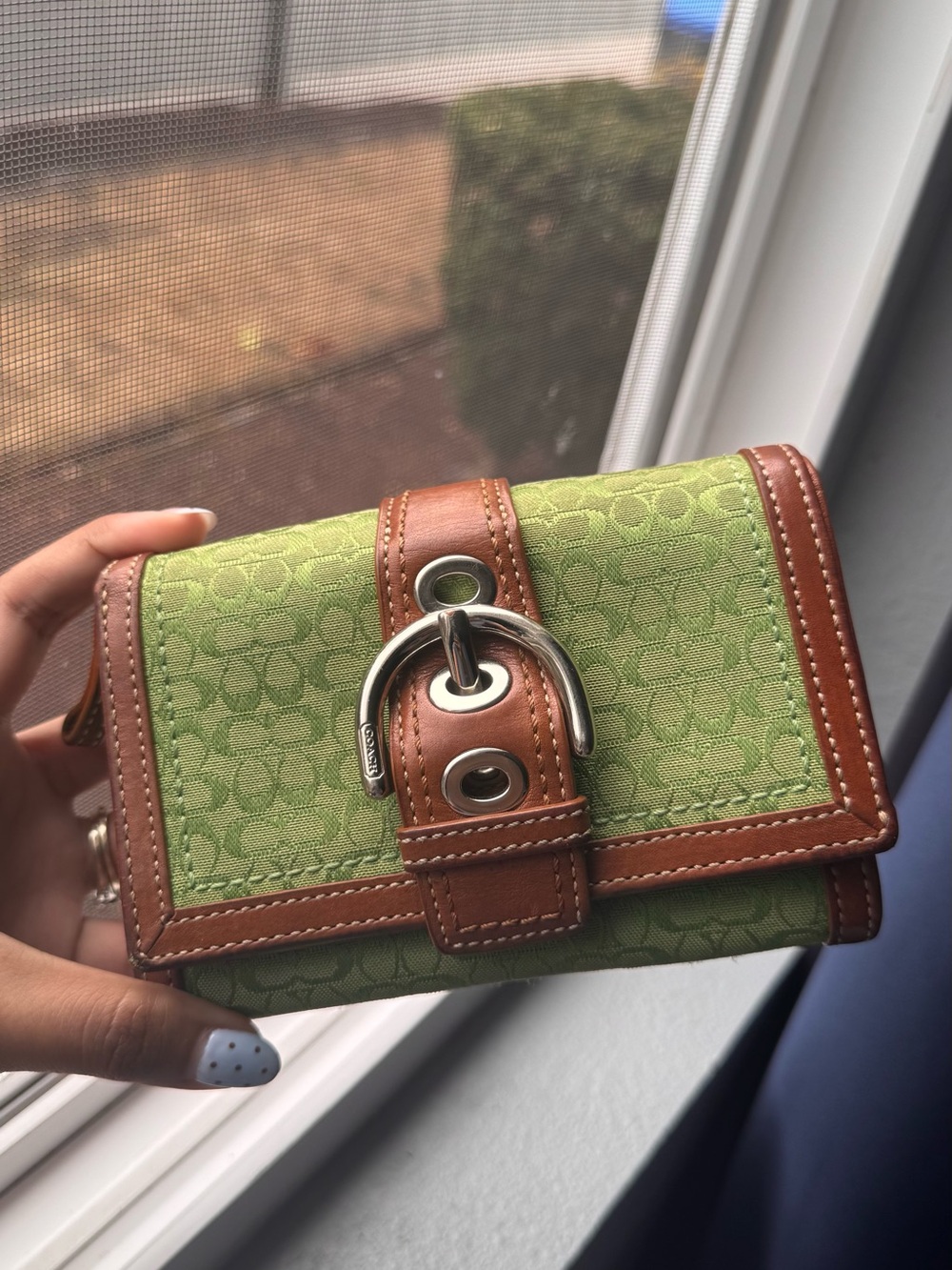 Coach Green Signature Canvas Wallet with Brown Leather Trim and Silver Buckle